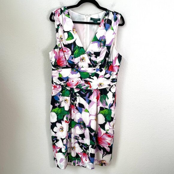 Ralph Lauren Womens Plus 16 Floral Satin Sheath Dress Sleeveless V Neck Cocktail - Picture 1 of 9